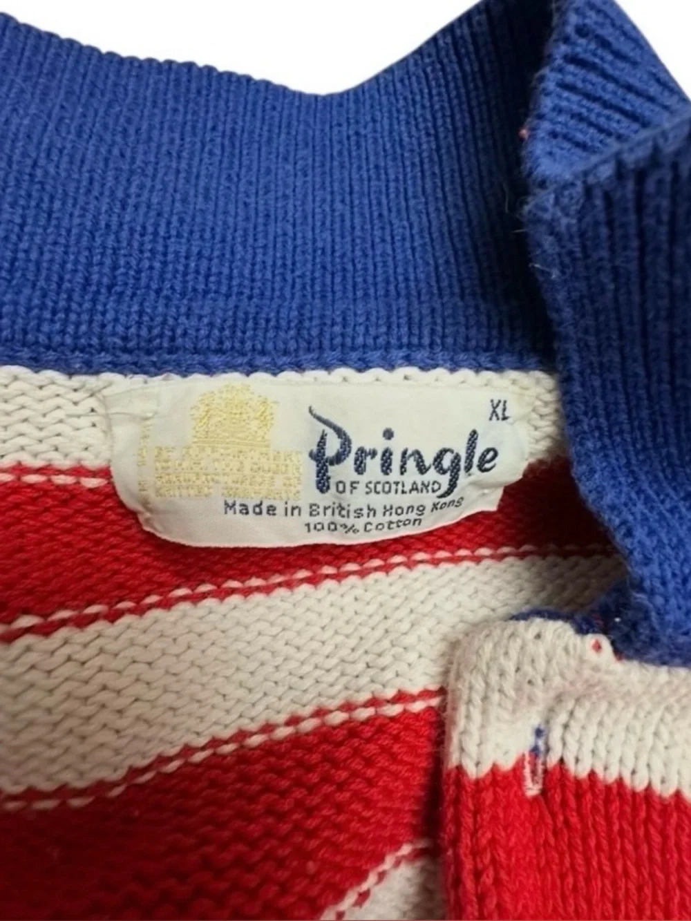 Vtg 80’s Pringle of Scotland Knit Polo Sweater Red White Stripe Retro Preppy XL